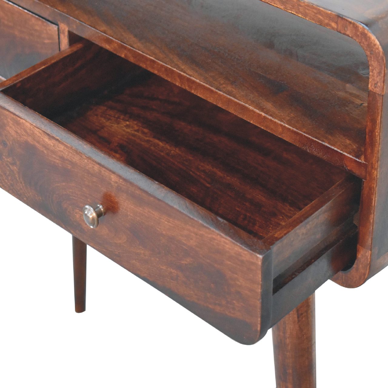 Solid Mango Wood California Walnut Finished 2 Drawer Curved Console Table - Image 4