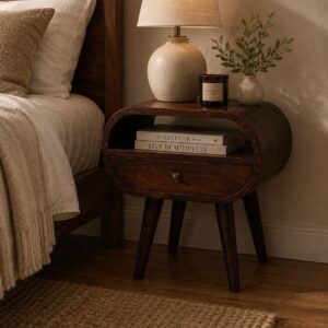 Solid Mango Wood California Walnut 1 Drawer 1 Slot Rounded Bedside