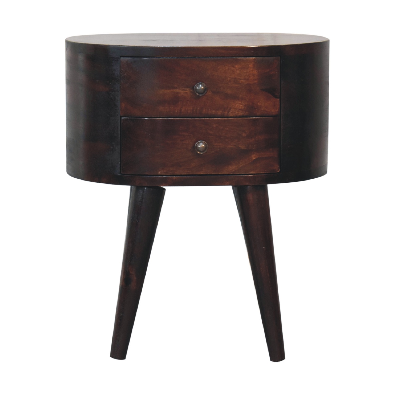 Solid Mango Wood California Walnut Finished 2 Drawer Rounded Bedside Table - Image 2