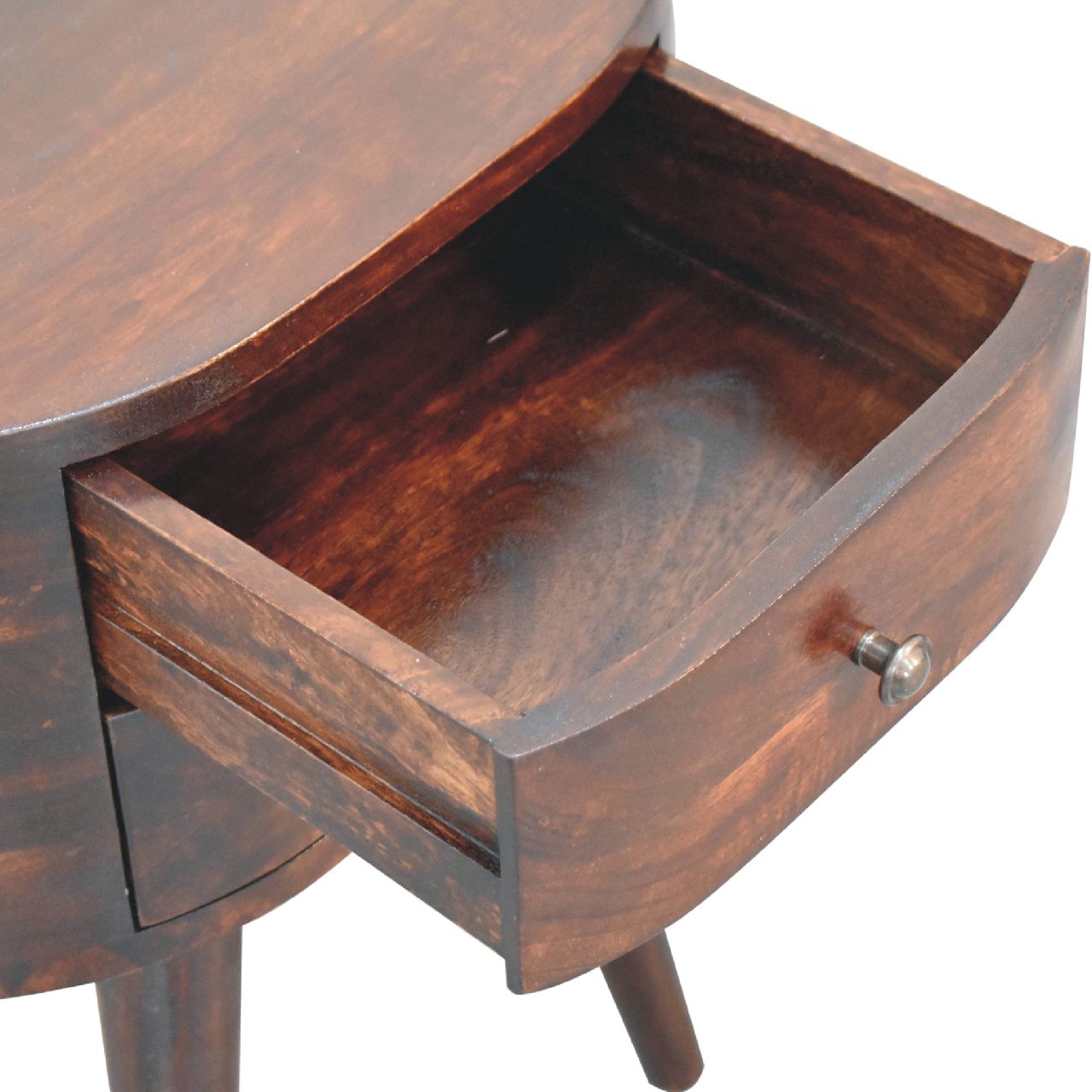 Solid Mango Wood California Walnut Finished 2 Drawer Rounded Bedside Table - Image 7