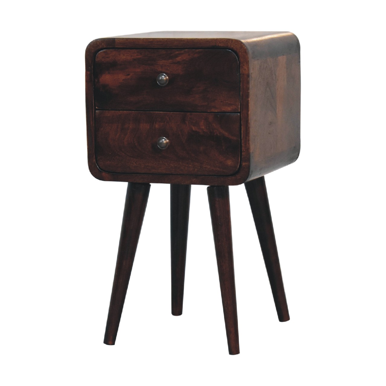 Solid Mango Wood California Walnut 2 Drawer Mini Curved Bedside - Image 2