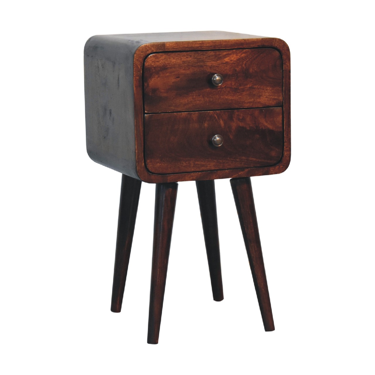 Solid Mango Wood California Walnut 2 Drawer Mini Curved Bedside - Image 3