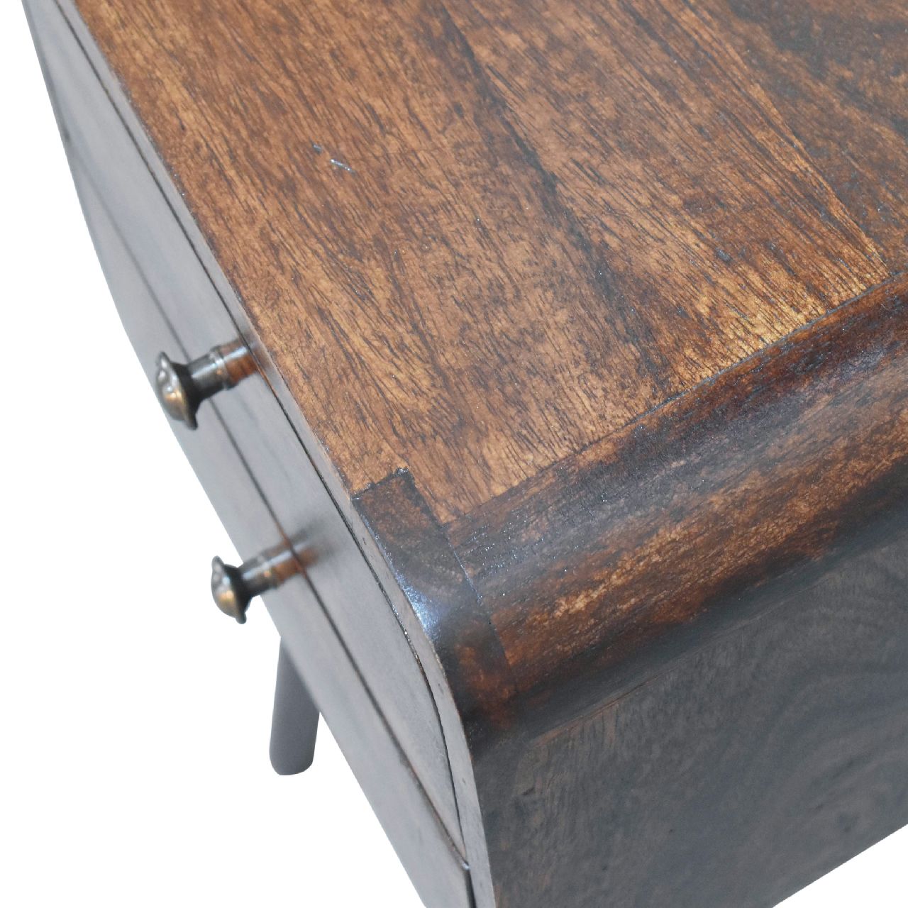 Solid Mango Wood California Walnut 2 Drawer Mini Curved Bedside - Image 5