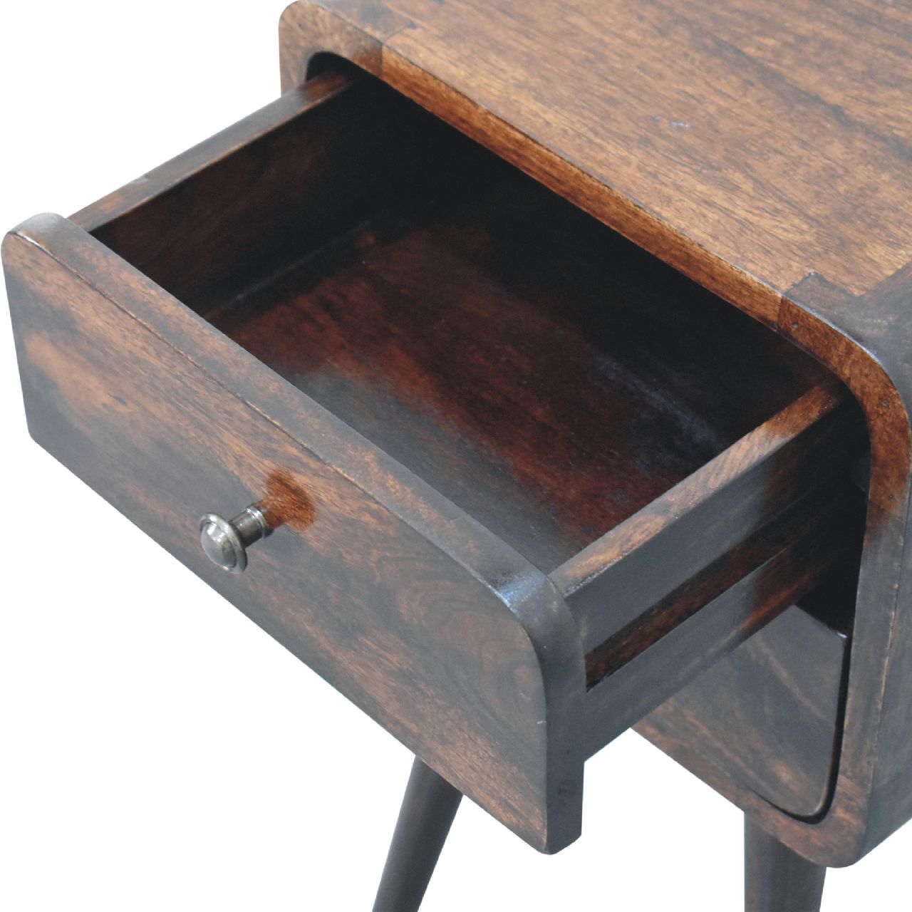 Solid Mango Wood California Walnut 2 Drawer Mini Curved Bedside - Image 6