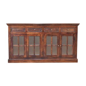 Solid Mango Wood California Walnut 4 Glass Doors 4 Drawers Sideboard
