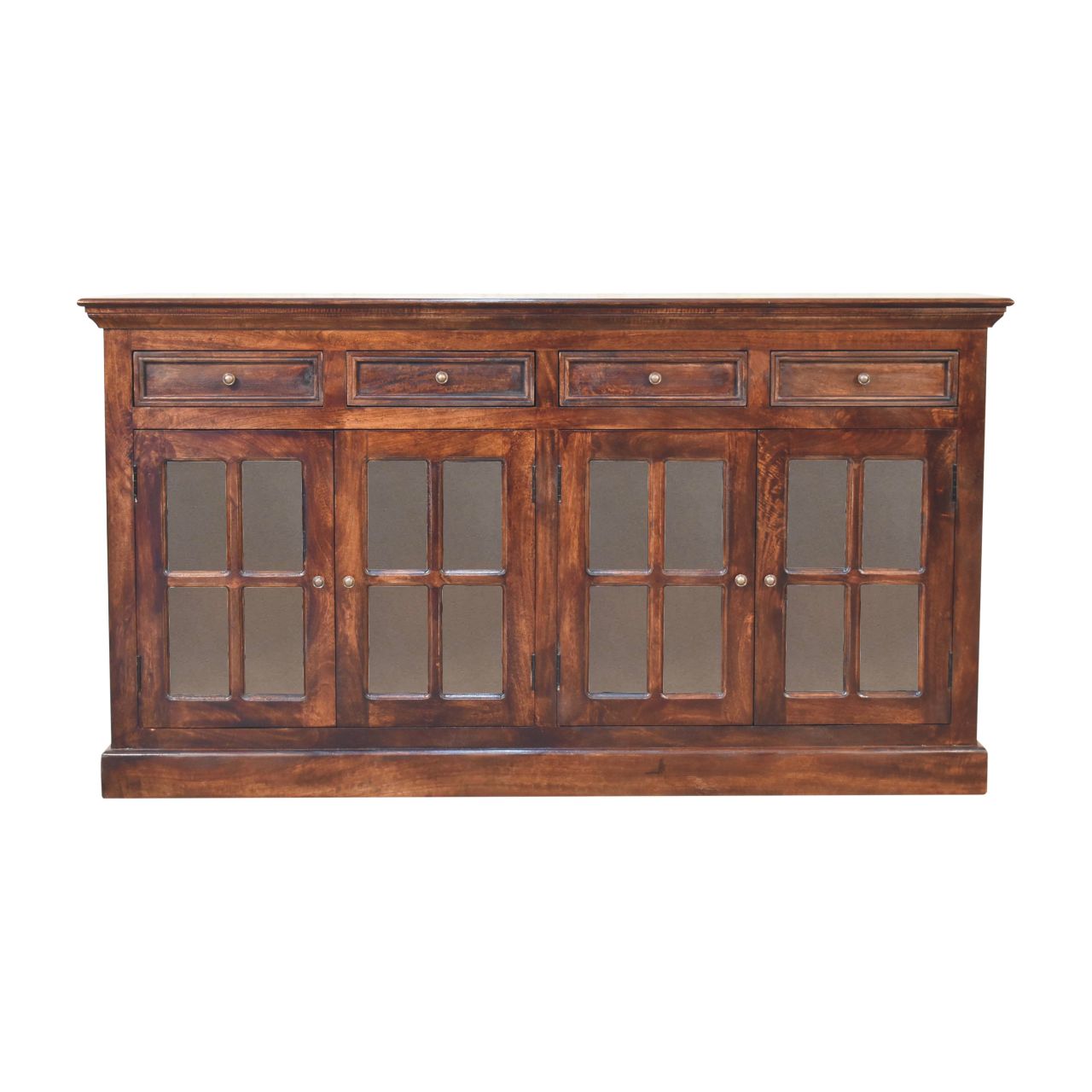 Solid Mango Wood California Walnut 4 Glass Doors 4 Drawers Sideboard