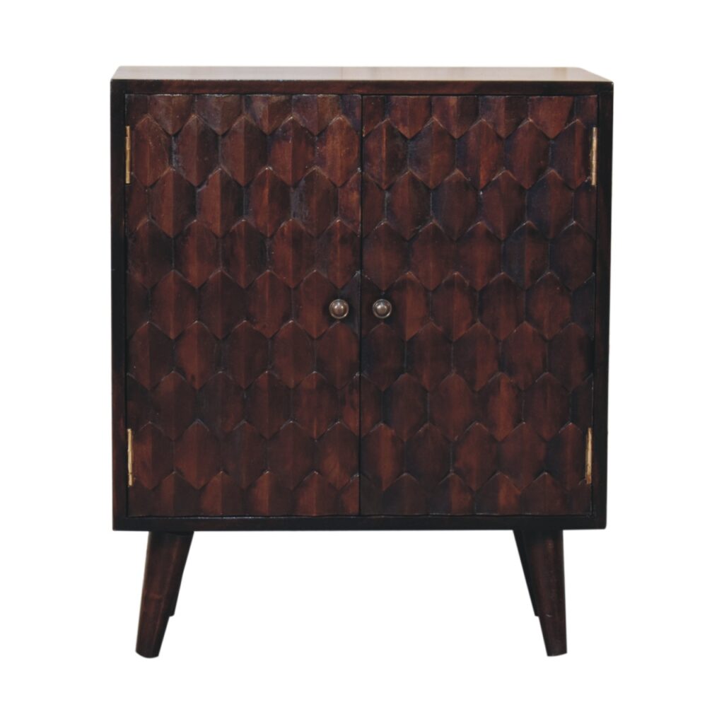 Solid Mango Wood California Walnut Finished 2 Door Mini Pineapple Carved Cabinet