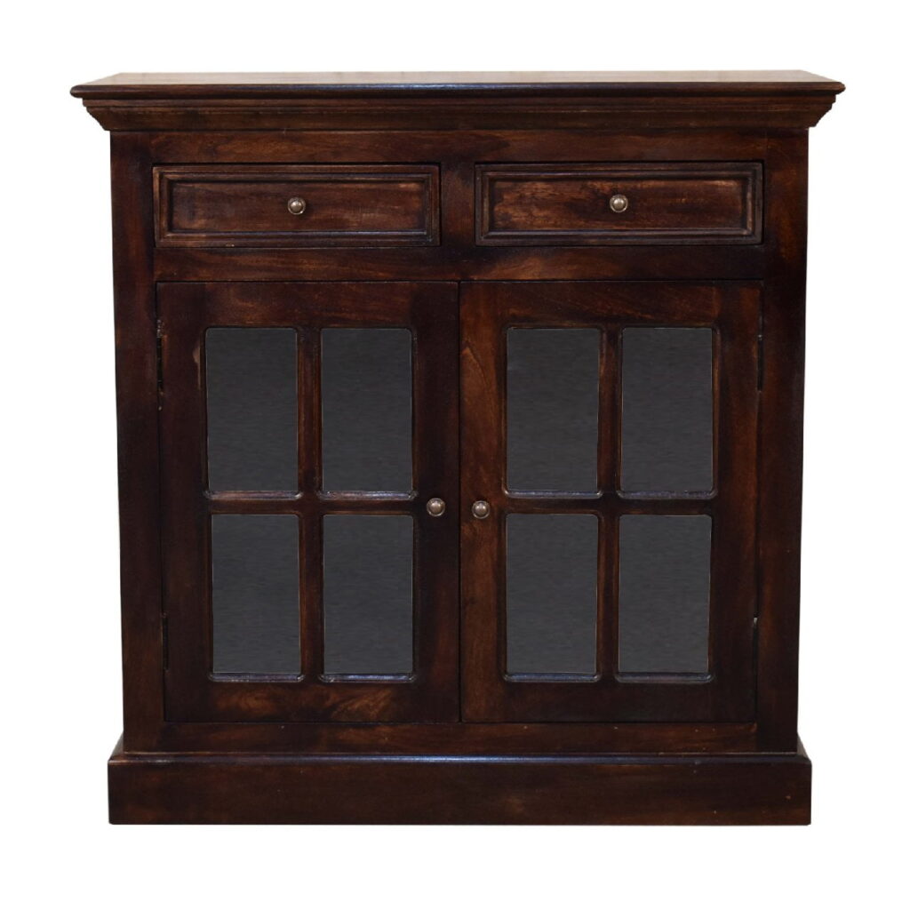 Solid Mango Wood California Walnut Finished 2 Glass Doors 2 Drawers Cabinet
