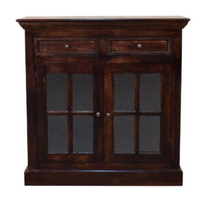 Solid Mango Wood California Walnut Finished 2 Glass Doors 2 Drawers Cabinet