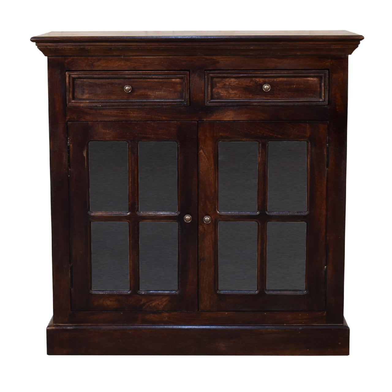 Solid Mango Wood California Walnut Finished 2 Glass Doors 2 Drawers Cabinet