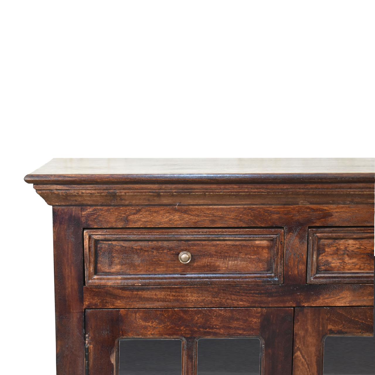 Solid Mango Wood California Walnut Finished 2 Glass Doors 2 Drawers Cabinet - Image 4