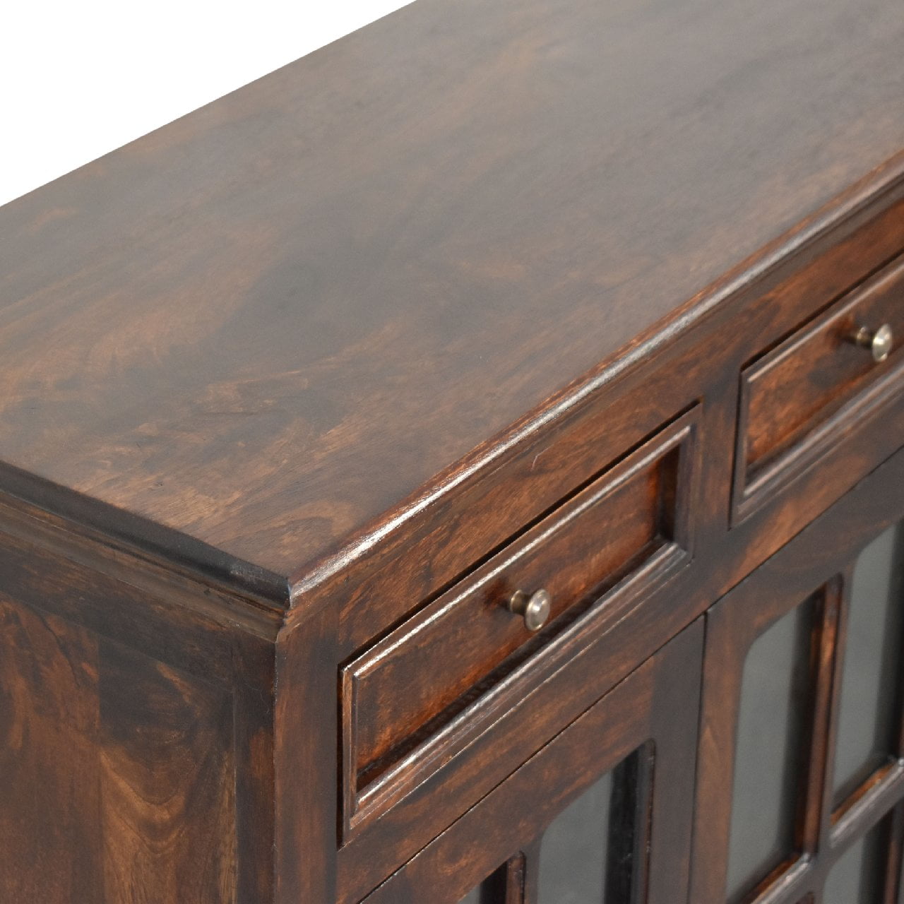 Solid Mango Wood California Walnut Finished 2 Glass Doors 2 Drawers Cabinet - Image 5