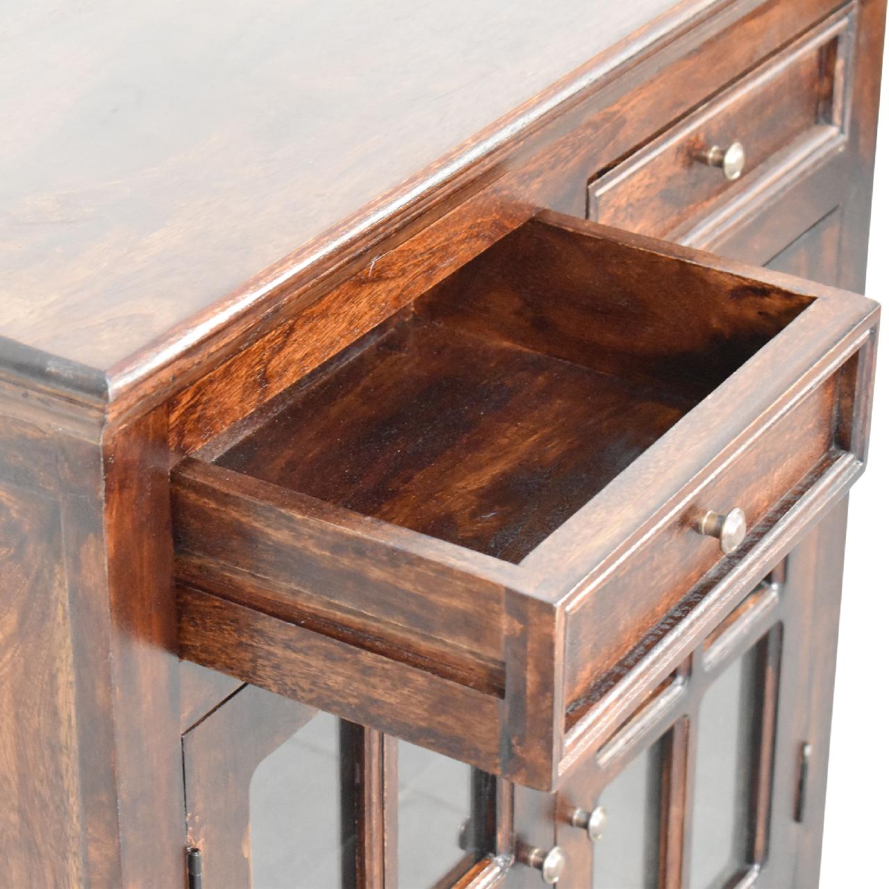 Solid Mango Wood California Walnut Finished 2 Glass Doors 2 Drawers Cabinet - Image 6