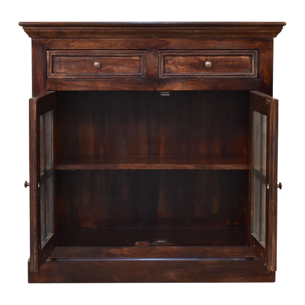 Solid Mango Wood California Walnut Finished 2 Glass Doors 2 Drawers Cabinet - Image 8