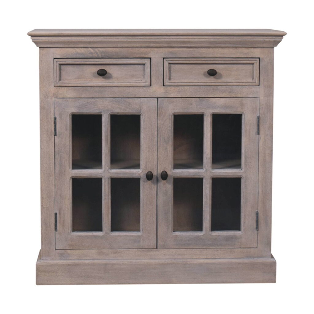 Solid Mango Wood Stone Wash Finished 2 Glass Doors 2 Drawers Cabinet