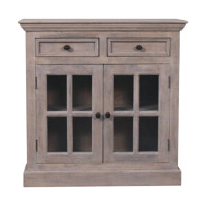 Solid Mango Wood Stone Wash Finished 2 Glass Doors 2 Drawers Cabinet