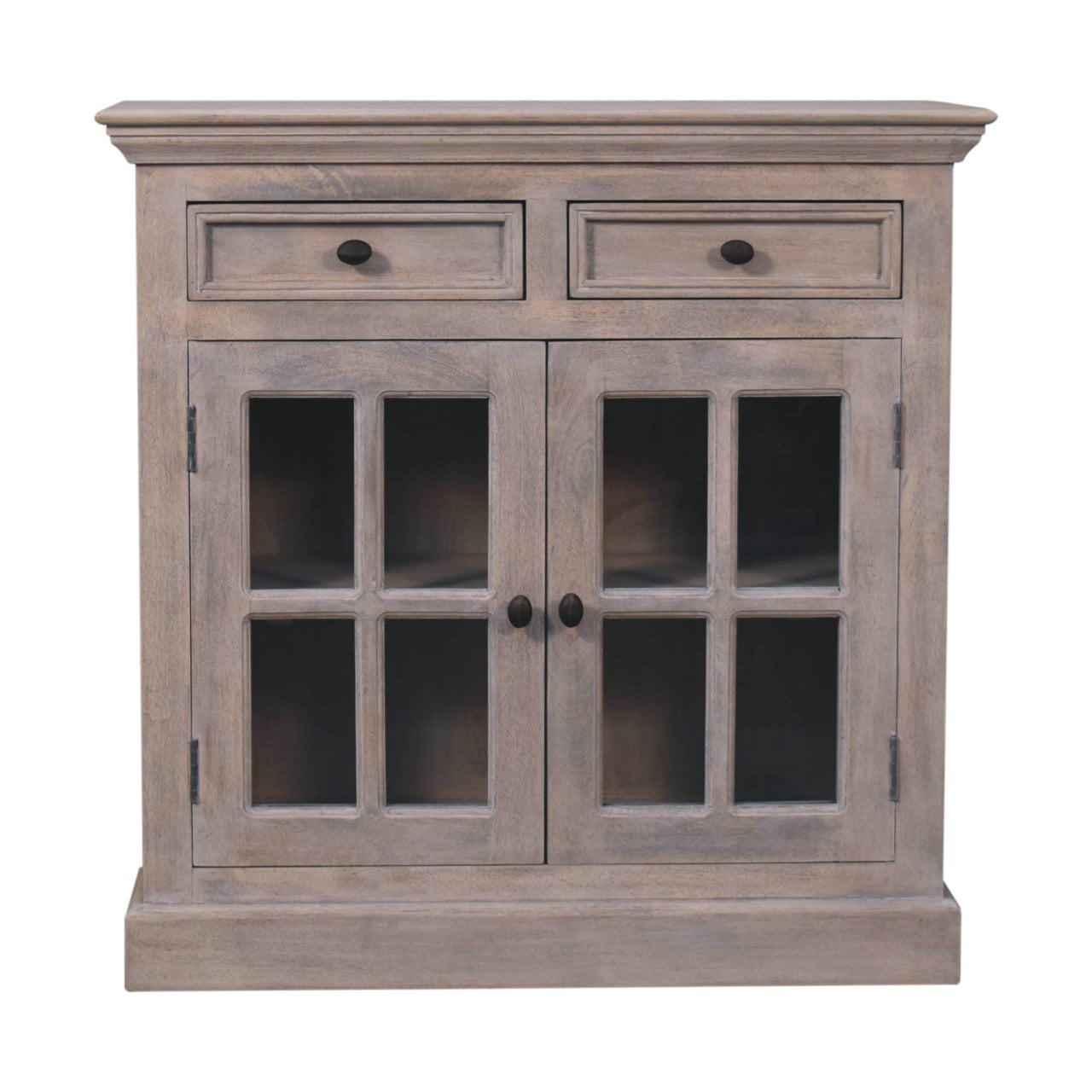 Solid Mango Wood Stone Wash Finished 2 Glass Doors 2 Drawers Cabinet