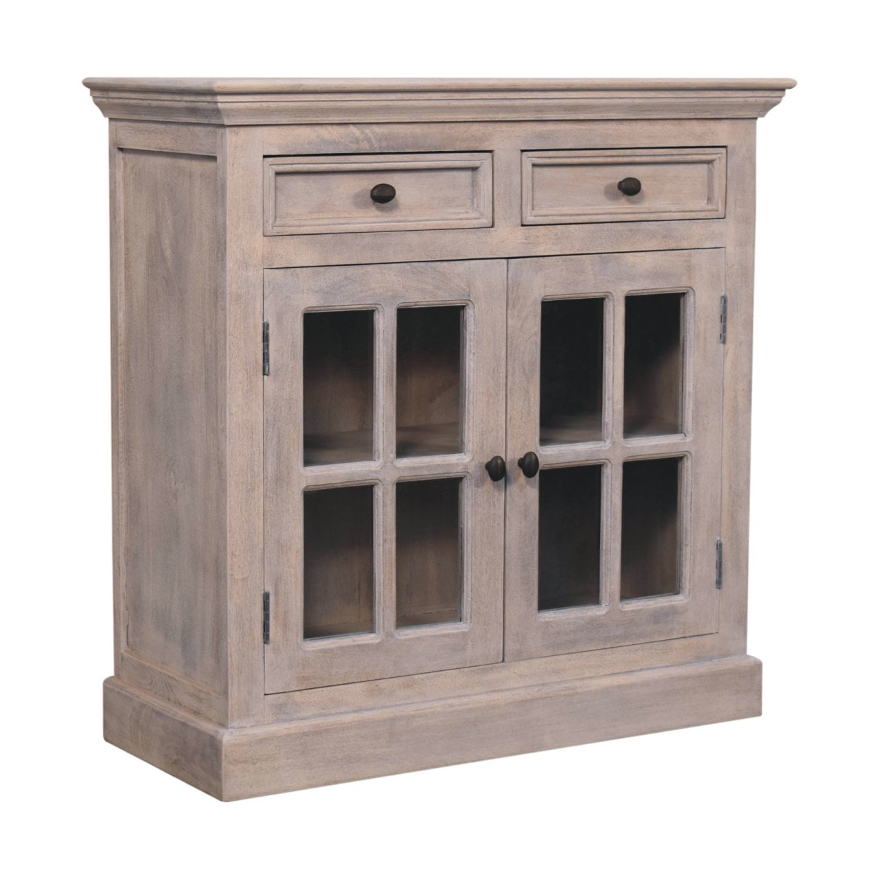 Solid Mango Wood Stone Wash Finished 2 Glass Doors 2 Drawers Cabinet - Image 3
