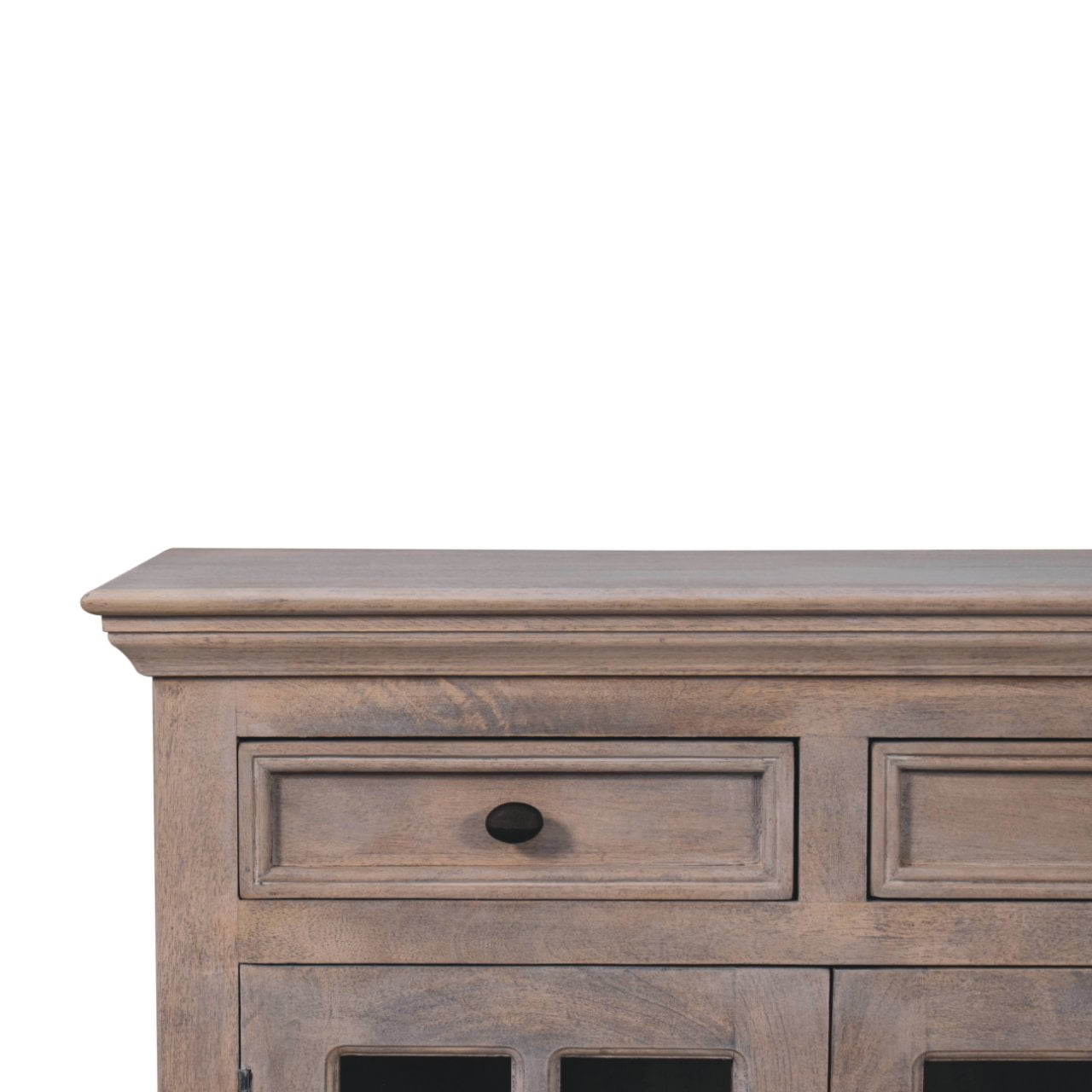 Solid Mango Wood Stone Wash Finished 2 Glass Doors 2 Drawers Cabinet - Image 4