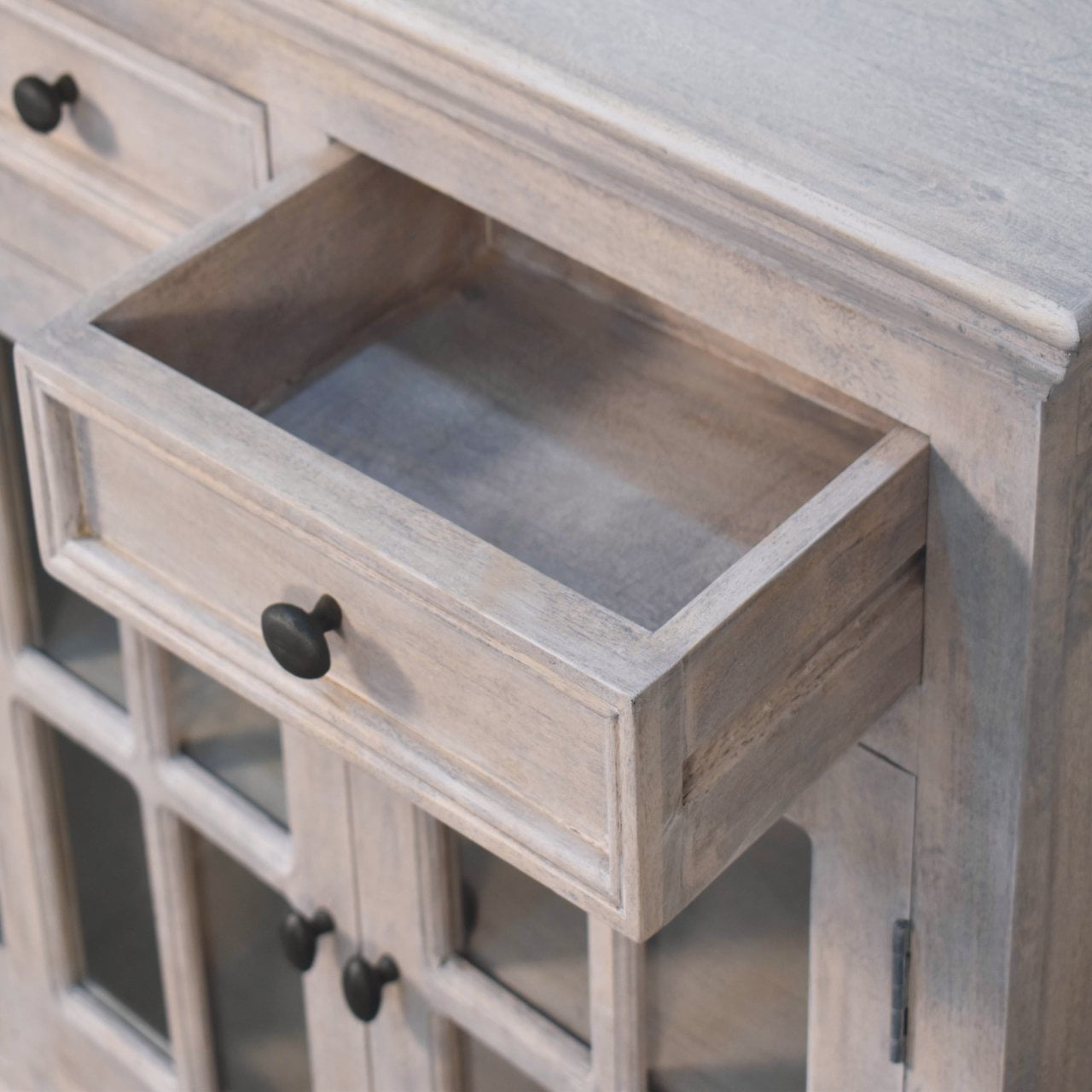 Solid Mango Wood Stone Wash Finished 2 Glass Doors 2 Drawers Cabinet - Image 6