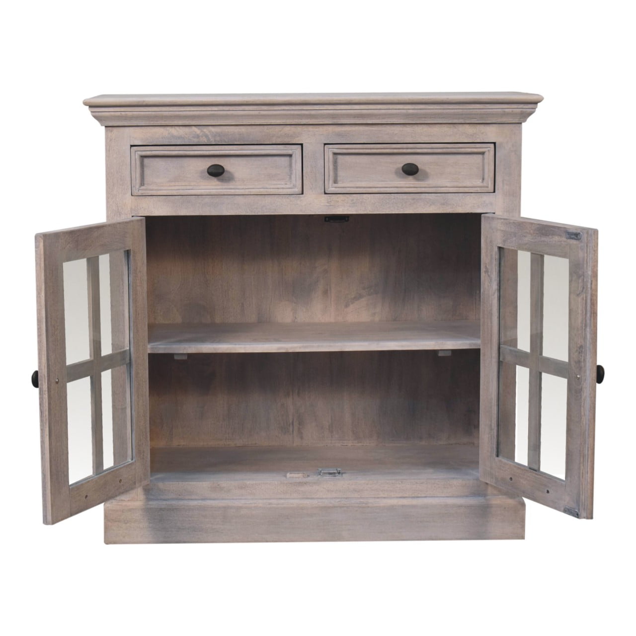 Solid Mango Wood Stone Wash Finished 2 Glass Doors 2 Drawers Cabinet - Image 8