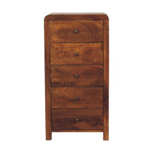 Solid Mango Wood Chestnut Finished 5 Drawer Aspen Tallboy