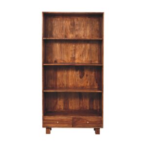 Solid Sheesham Wood Chestnut Finished 3 Shelves 2 Drawers Tula Bookcase