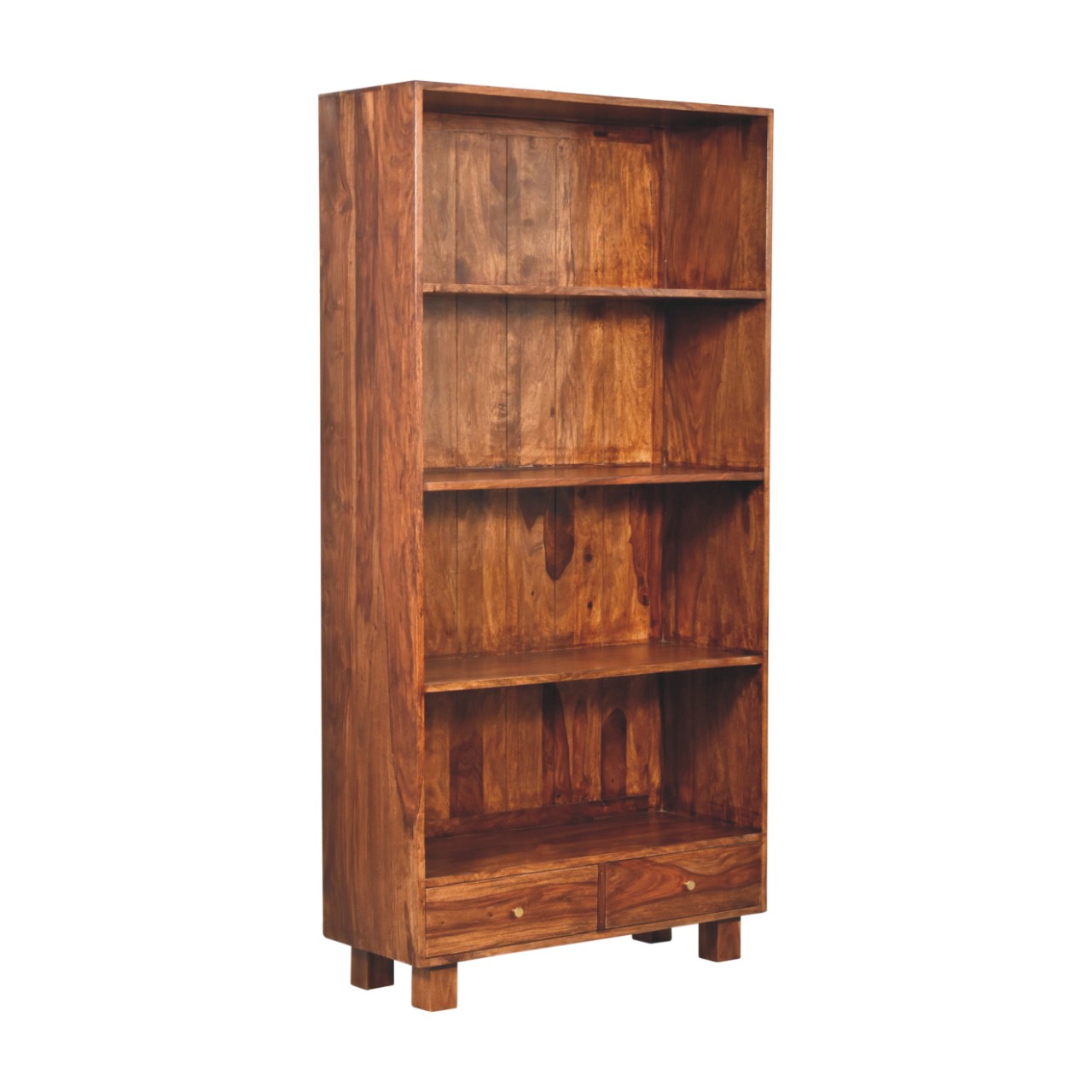 Solid Sheesham Wood Chestnut Finished 3 Shelves 2 Drawers Tula Bookcase - Image 2
