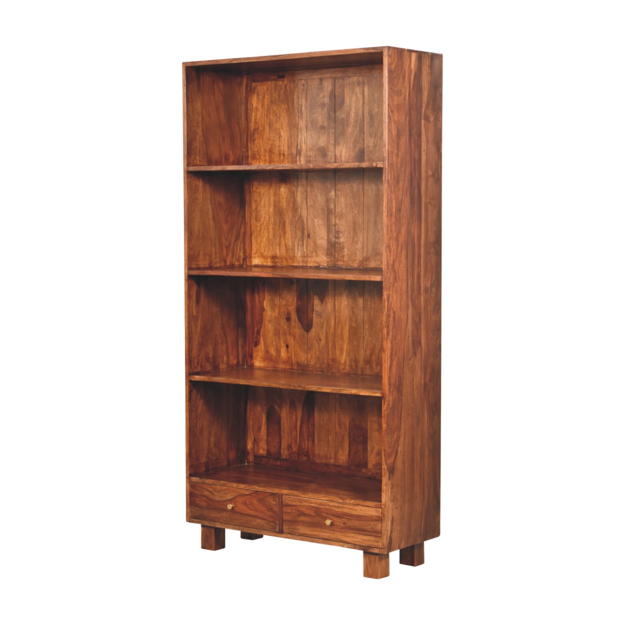 Solid Sheesham Wood Chestnut Finished 3 Shelves 2 Drawers Tula Bookcase - Image 3