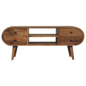 Solid Mango Wood Oak Finished 4 Drawer 2 Slots Rounded Corners Media Unit