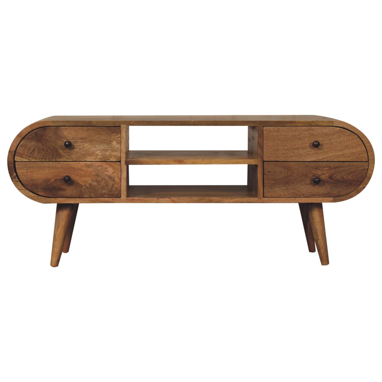 Solid Mango Wood Oak Finished 4 Drawer 2 Slots Rounded Corners Media Unit