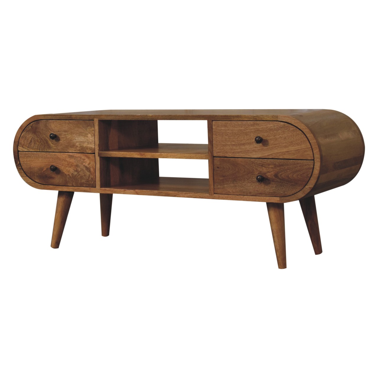 Solid Mango Wood Oak Finished 4 Drawer 2 Slots Rounded Corners Media Unit - Image 2