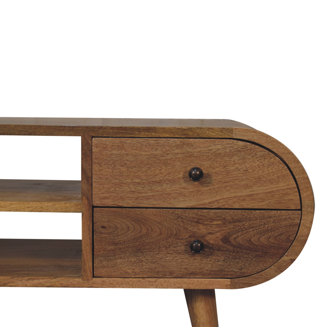 Solid Mango Wood Oak Finished 4 Drawer 2 Slots Rounded Corners Media Unit - Image 4
