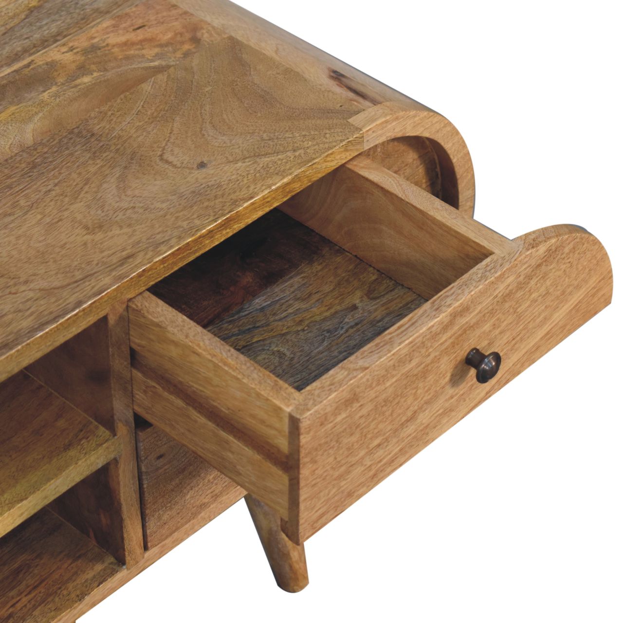 Solid Mango Wood Oak Finished 4 Drawer 2 Slots Rounded Corners Media Unit - Image 6