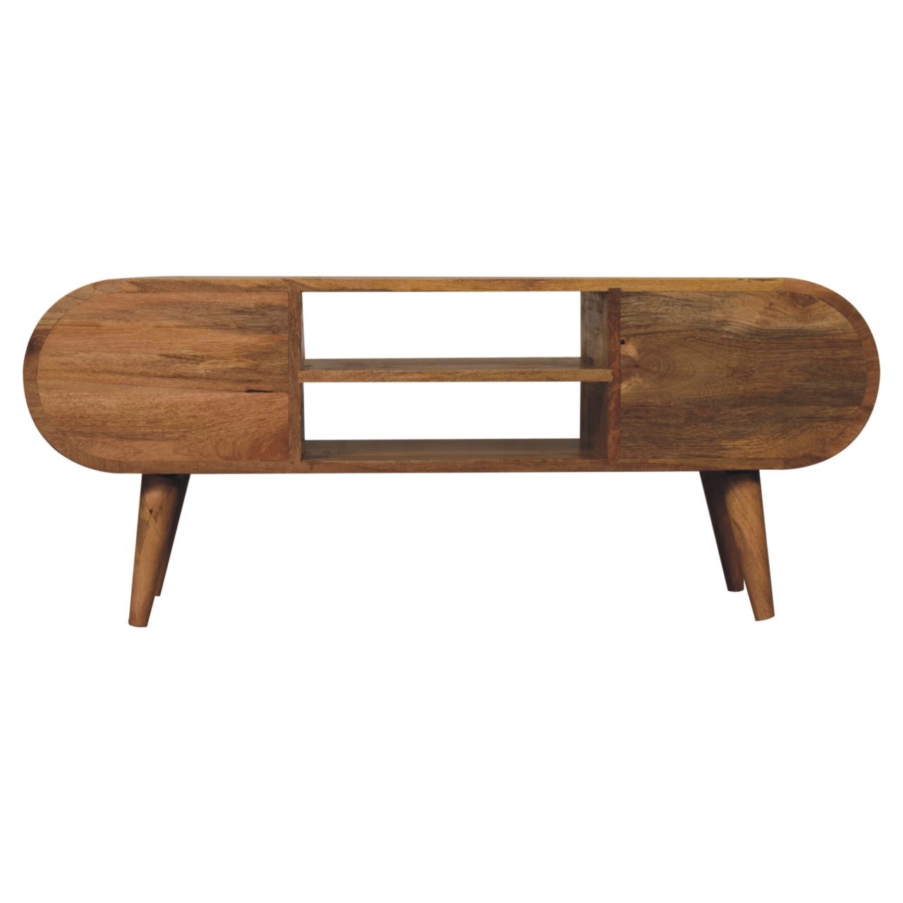 Solid Mango Wood Oak Finished 4 Drawer 2 Slots Rounded Corners Media Unit - Image 9