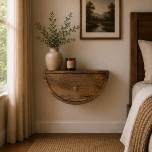 Solid Mango Wood Oak Finished 1 Drawer Crescent Floating Bedside