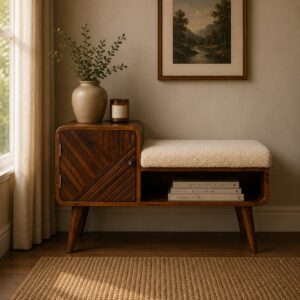 Solid Mango Wood Chestnut Finished Boucle Upholstered Carved Table