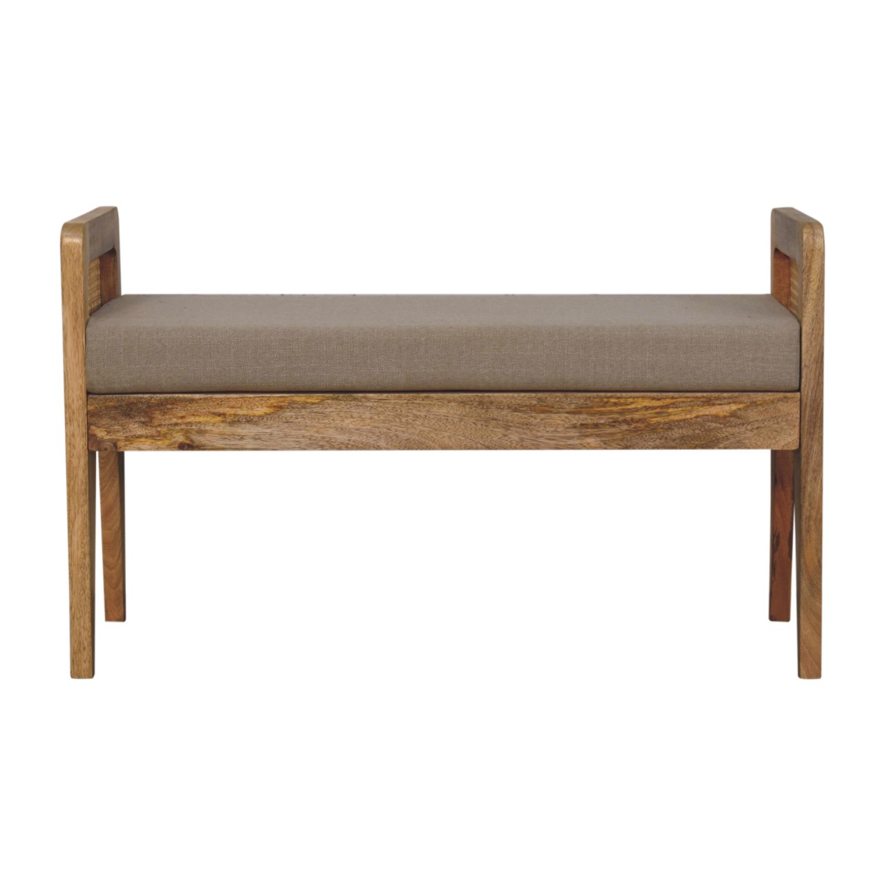 Solid Mango Wood Light Tan Coloured Linen and Rattan Bench