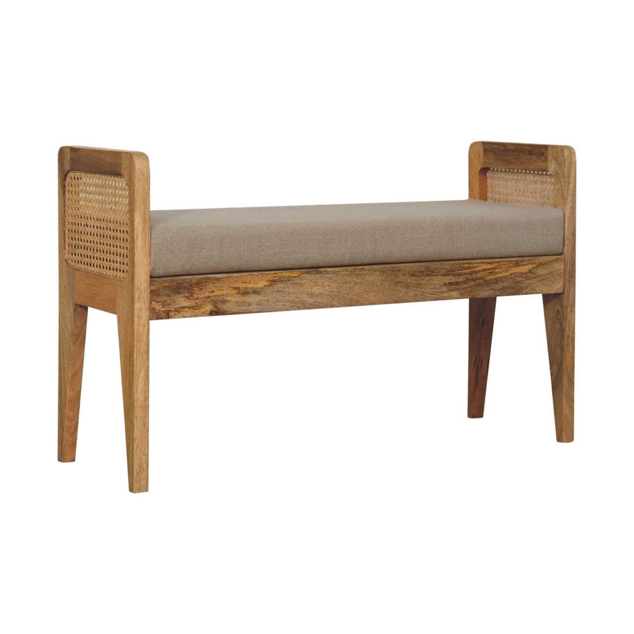 Solid Mango Wood Light Tan Coloured Linen and Rattan Bench - Image 2
