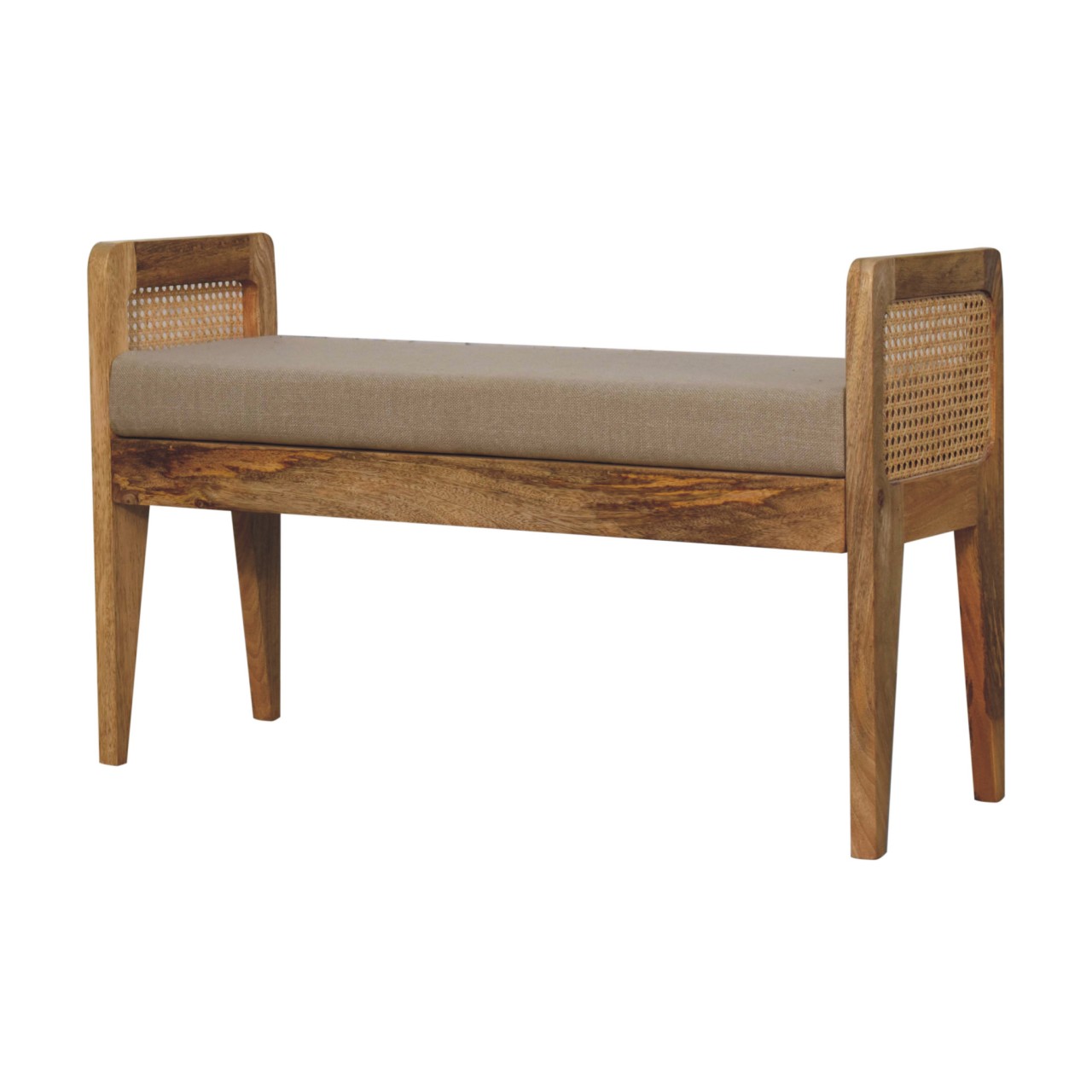 Solid Mango Wood Light Tan Coloured Linen and Rattan Bench - Image 3