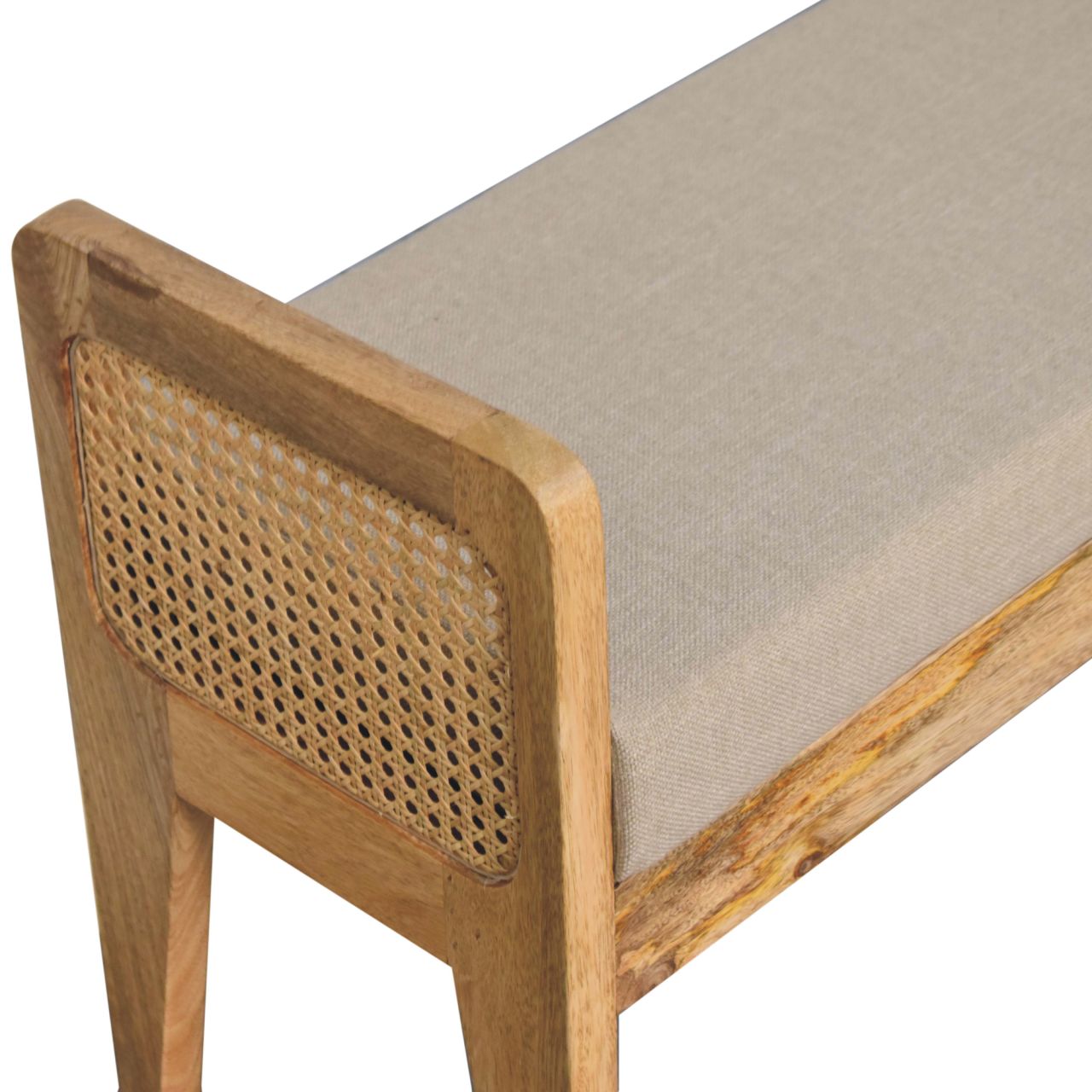 Solid Mango Wood Light Tan Coloured Linen and Rattan Bench - Image 5