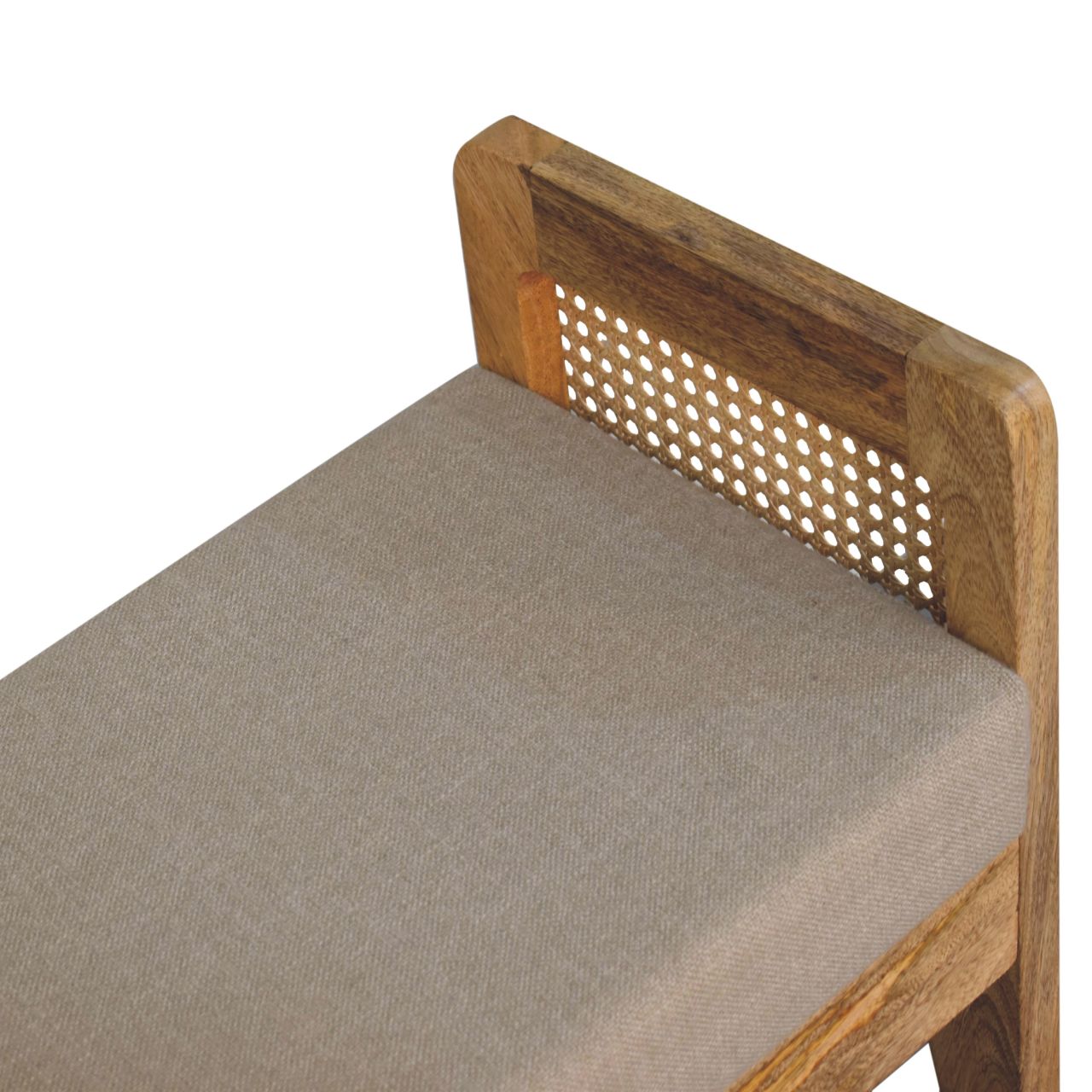 Solid Mango Wood Light Tan Coloured Linen and Rattan Bench - Image 6