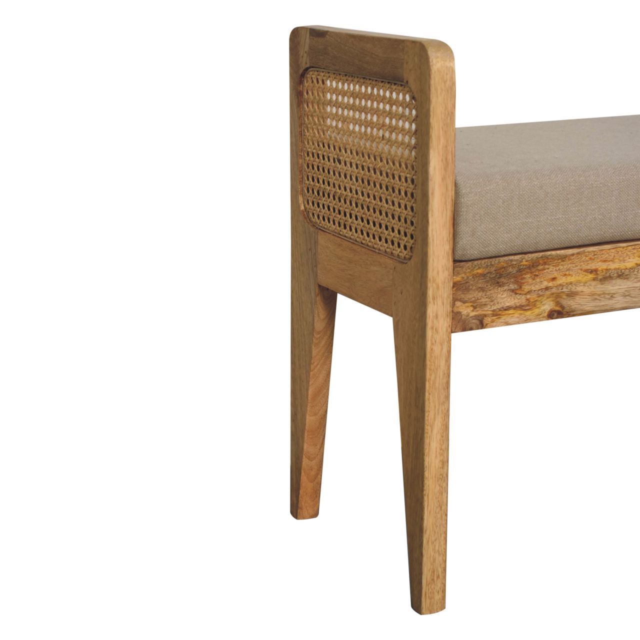 Solid Mango Wood Light Tan Coloured Linen and Rattan Bench - Image 7