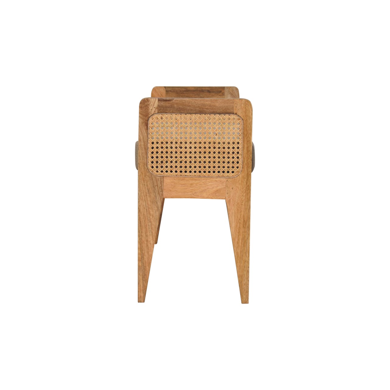 Solid Mango Wood Light Tan Coloured Linen and Rattan Bench - Image 8