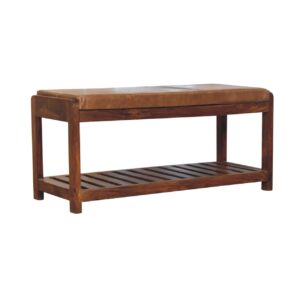 Solid Mango Wood Chestnut Finished Tan Leather Upholstered Slatted Hallway Bench