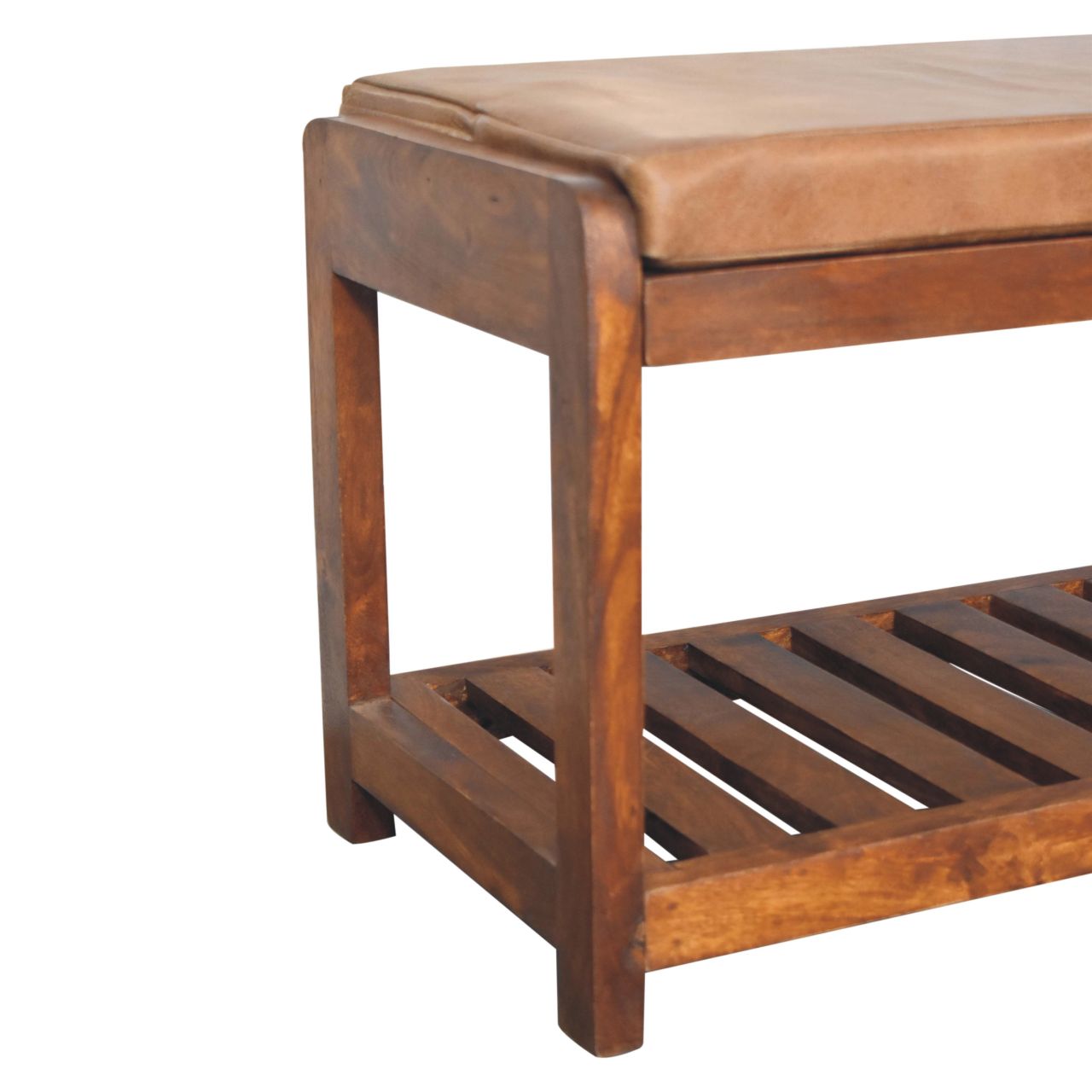 Solid Mango Wood Chestnut Finished Tan Leather Upholstered Slatted Hallway Bench - Image 5