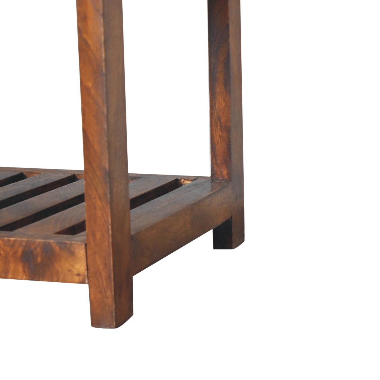 Solid Mango Wood Chestnut Finished Tan Leather Upholstered Slatted Hallway Bench - Image 7