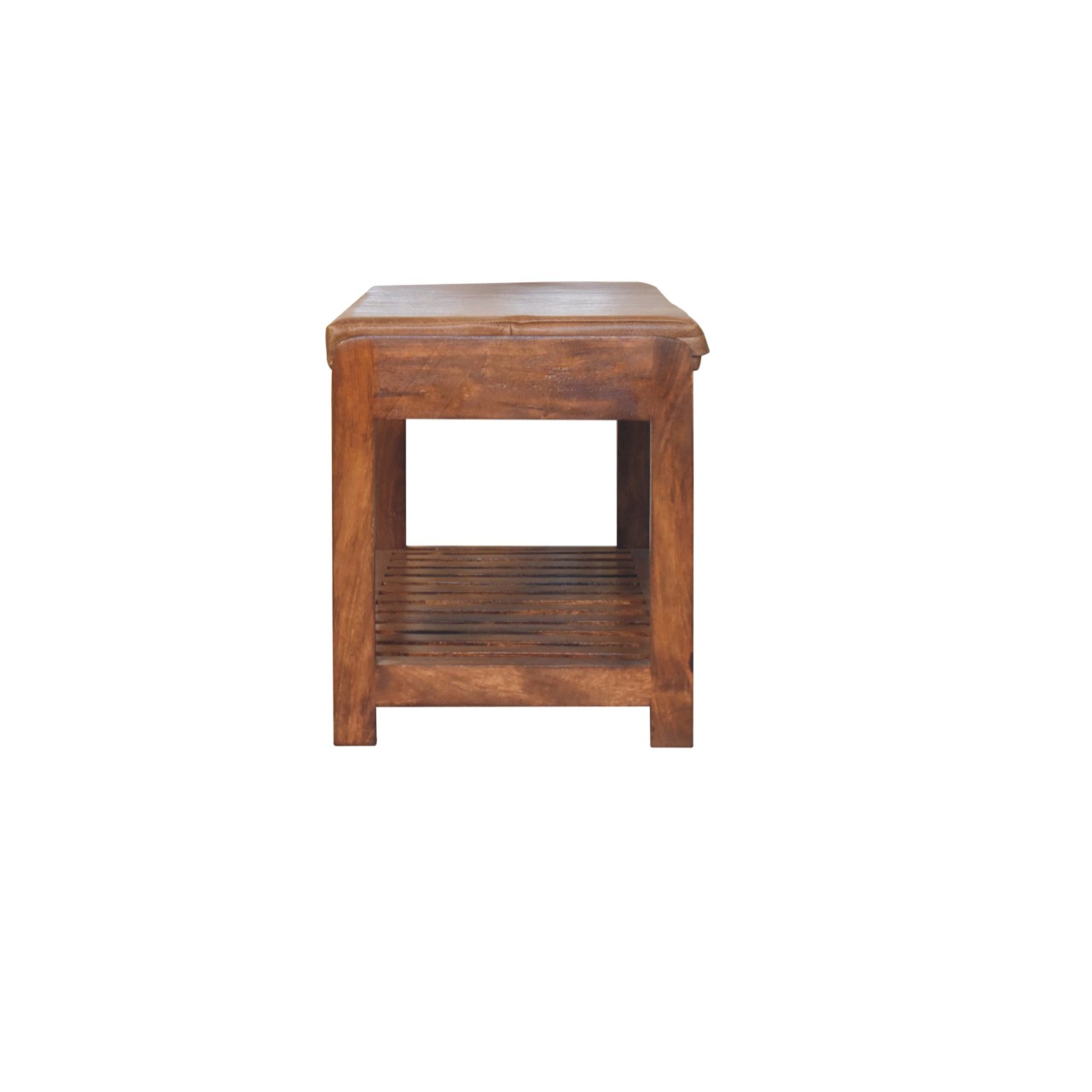 Solid Mango Wood Chestnut Finished Tan Leather Upholstered Slatted Hallway Bench - Image 8