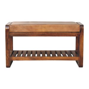 Solid Mango Wood Chestnut Finished Small Leather Upholstered Slatted Hallway Bench