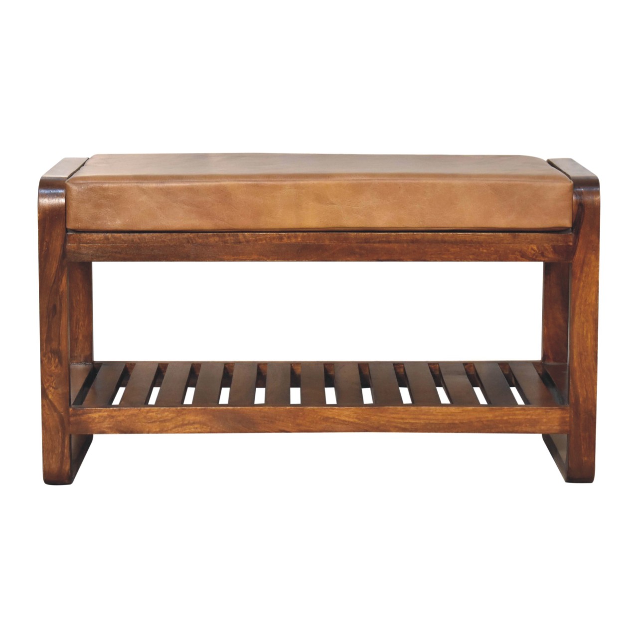 Solid Mango Wood Chestnut Finished Small Leather Upholstered Slatted Hallway Bench